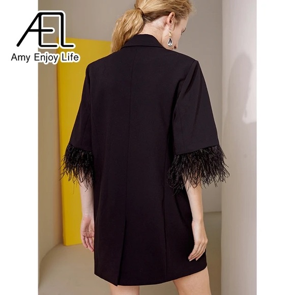 AEL Amy Enjoy Life Black One Button Blazer Feather Sleeve Mini Dress Size Small - Picture 3 of 14